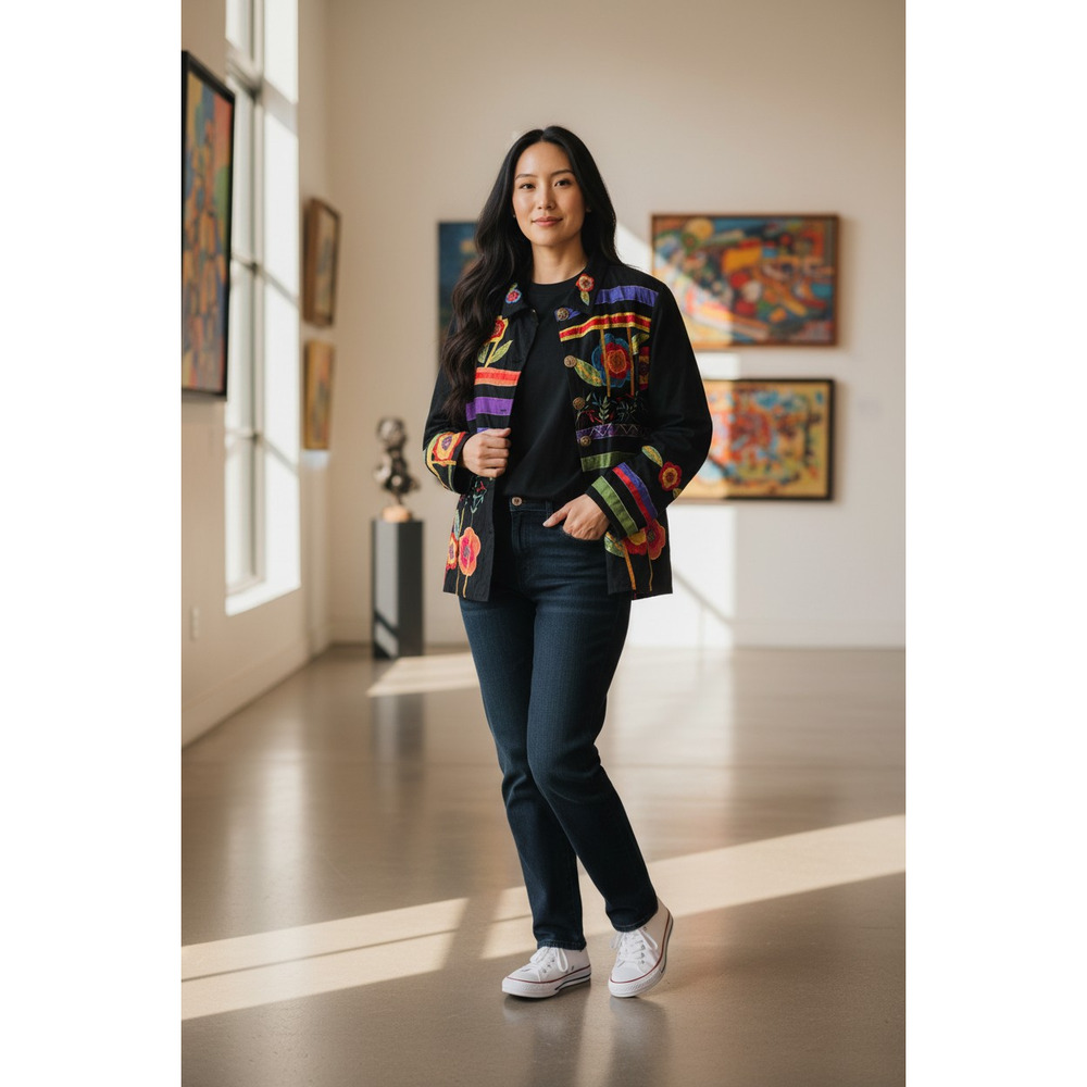 4938)Alex Kim Art to Wear Multicolor Embroidery  Patchwork Button Down Top 1X